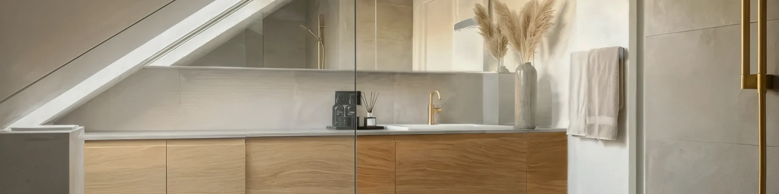 Duschbad in warmen Naturtönen, hellen Holzfronten, goldfarbenem Wasserhahn und natürlicher Deko aus Pampasgras.