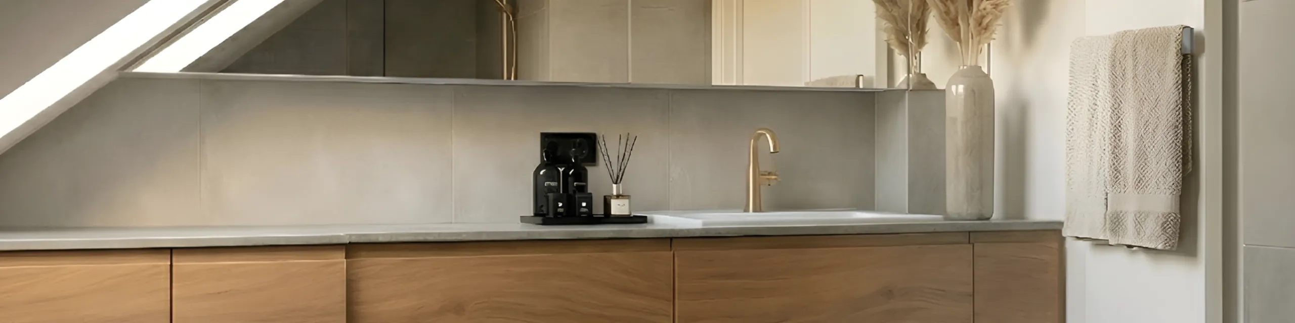 Duschbad in warmen Naturtönen, hellen Holzfronten, goldfarbenem Wasserhahn und natürlicher Deko aus Pampasgras.