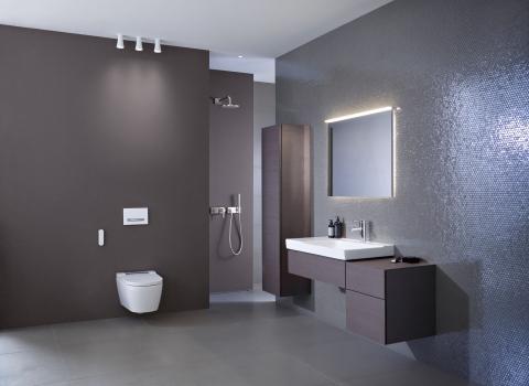 Modernes barrierefreies Bad mit Geberit AquaClean Sela Dusch-WC und offener Dusche.