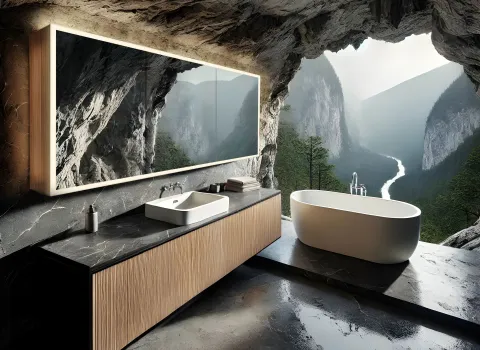Fantasiebild eines Badezimmers in einer Felshöhle. Natur, dunkles modernes Design.