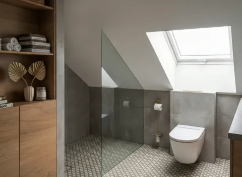 Stilvolles Badezimmer unter der Schräge mit grauen Wandfliesen, Tageslichtfenster, goldenen Accessoires und Holzregal.