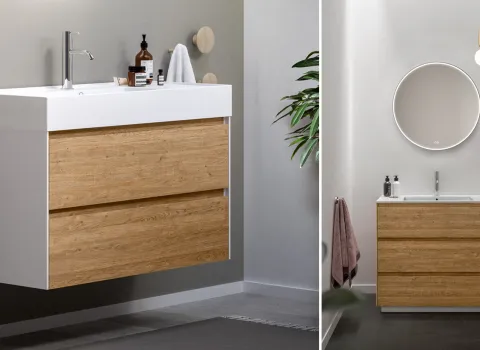 Moderner Waschtisch mit Holzfront und weißem Aufsatzbecken sowie runder LED-Spiegelbeleuchtung in minimalistischer Badgestaltung von Stocco.