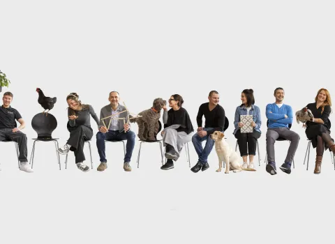 Gruppenbild des Teams Kirchgässner mit Mitarbeitenden und tierischen Begleitern in einer lockeren, humorvollen Inszenierung vor hellem Hintergrund.