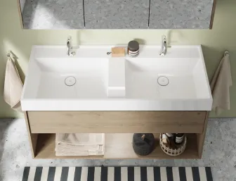 Waschtisch aus der Kollektion Devio des Herstellers burgbad in der Farbe Eiche Dekor Caramel.