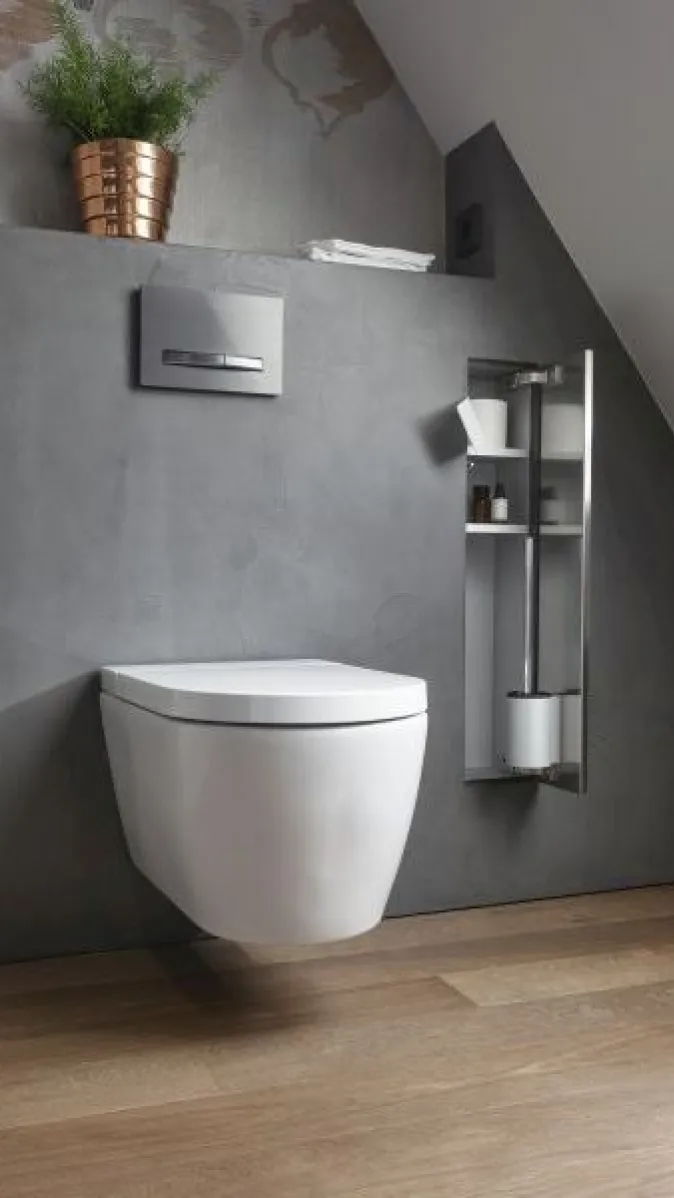 Schwebende Toilette vor einer dunkelgrauen Wand im Badezimmer, daneben ein schmaler offener Schrank mit Ablagefächern. Auf der Ablage über der Toilette steht eine Pflanze im goldenen Topf.