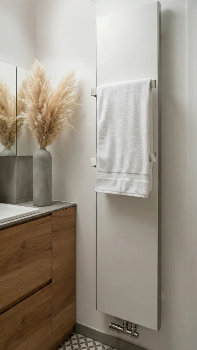 Weißer Paneelheizkörper neben Spiegel und Waschtisch mit Trockenblumen in modernem Bad.