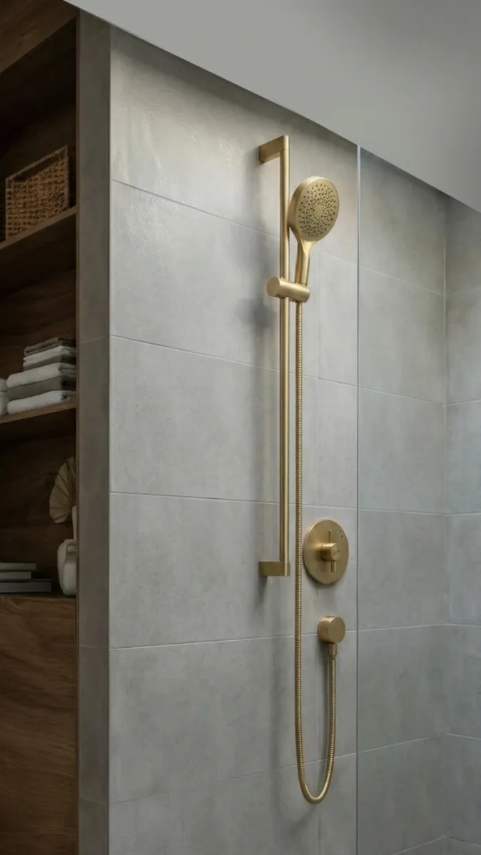 Luxuriöse Duscharmatur in Gold vor großformatigen grauen Fliesen mit angrenzendem Regal in Holzoptik.