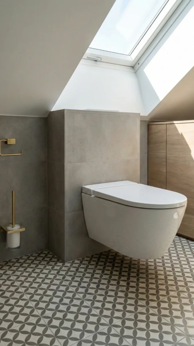 Hängetoilette in minimalistischem Badezimmer mit goldenen Accessoires und großflächiger Dachverglasung.