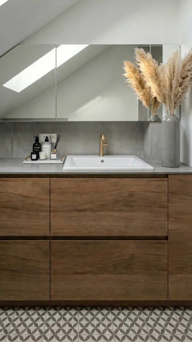 Design-Waschtisch mit Schubladenfronten in Holzoptik, Spiegelwand und geometrisch gemustertem Fliesenboden.