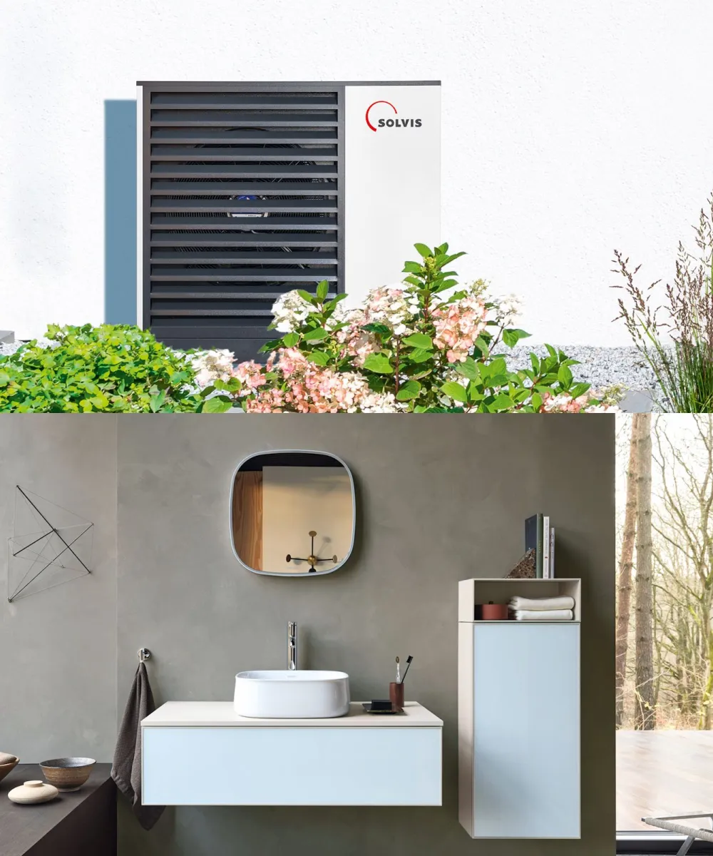 Bildmontage Wärmepumpe SolvisMia und Badezimmer Duravit Zencha.