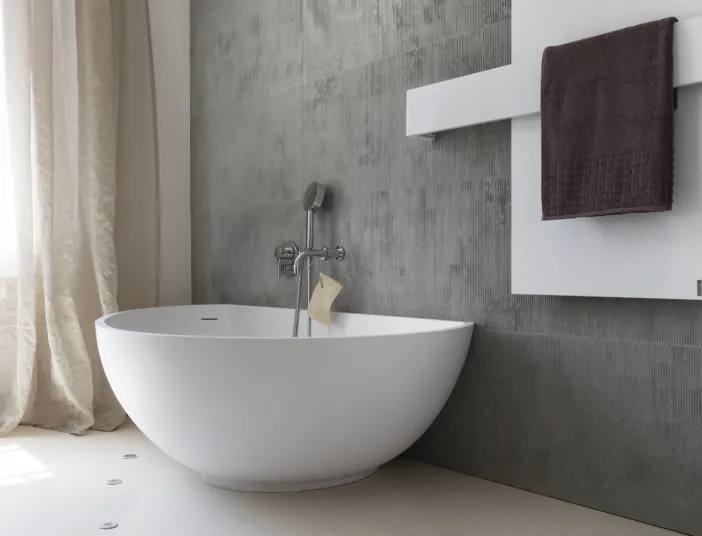 Badewanne mit asymmetrischem Design vor grauer Fliesenwand. Links fällt Tageslicht durch einen Vorhang, rechts ist ein weißer Handtuchwärmer mit Handtuch sichtbar.