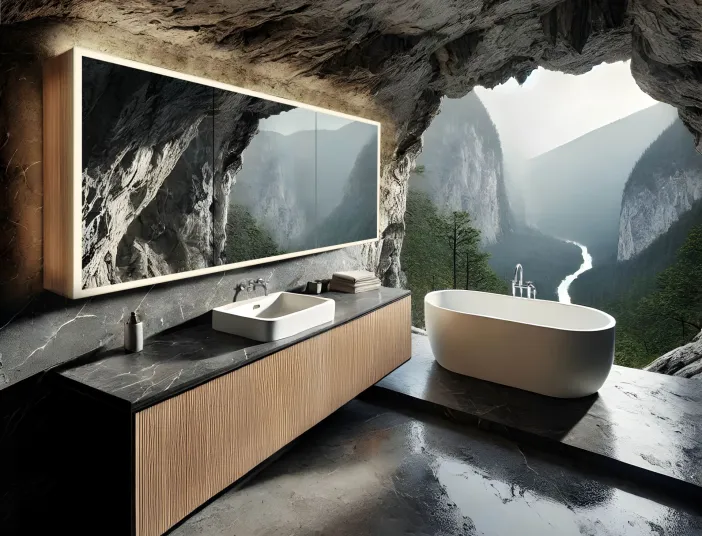 Fantasiebild eines Badezimmers in einer Felshöhle. Natur, dunkles modernes Design.