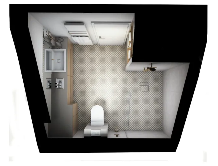 Visualisierter Badgrundriss mit begehbarer Dusche, geometrischem Bodenmuster und integriertem Waschtisch.