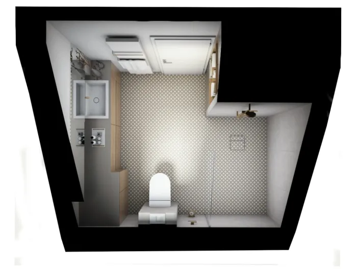 Visualisierter Badgrundriss mit begehbarer Dusche, geometrischem Bodenmuster und integriertem Waschtisch.