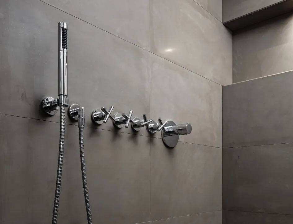 Nahaufnahme einer Dampfdusche mit großen, matten Fliesen in Grau und verchromten Armaturen.