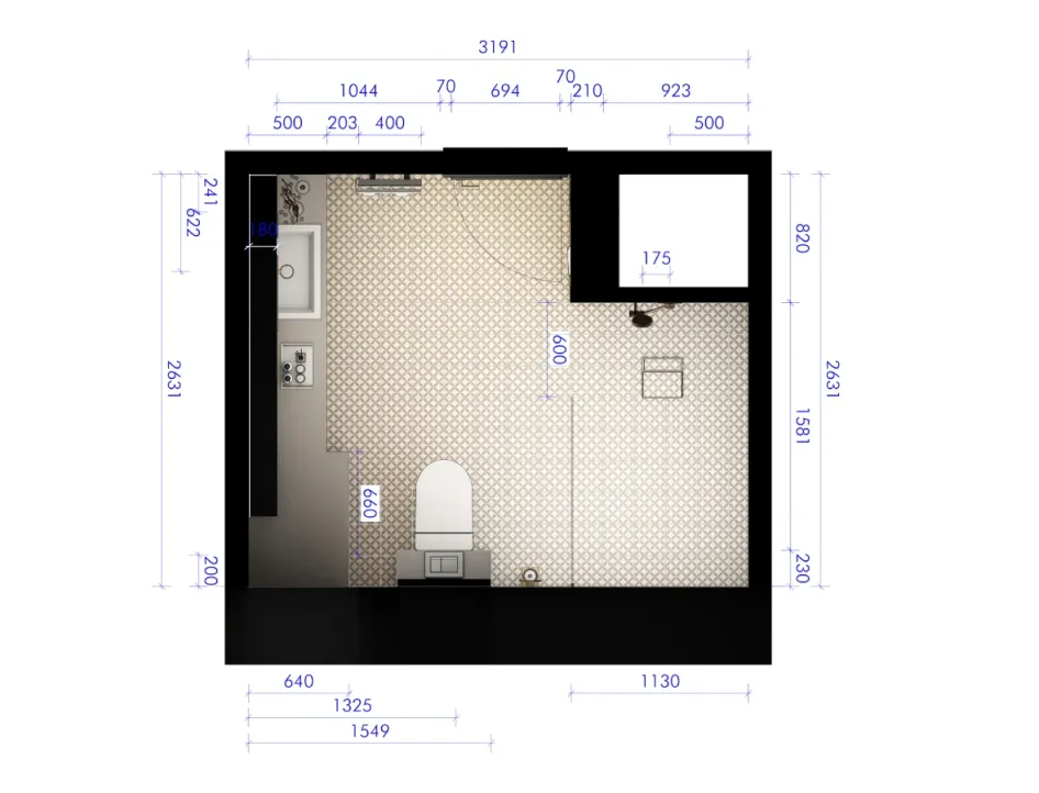 Maßstabsgetreuer Badgrundriss mit Dusche, Wand-WC und Einzelwaschtisch – inklusive Maßketten in Millimetern.